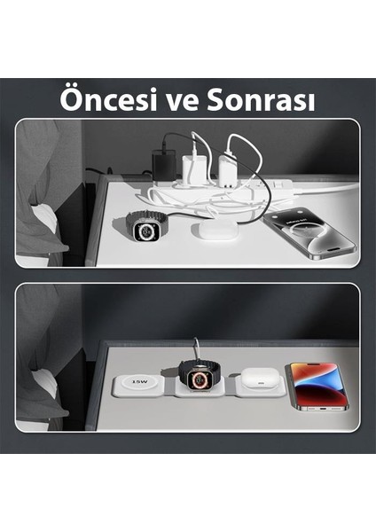 3in1 15W Iphone, Airrpods ve Apple Watch Şarj Istasyonu Manyetik Katlanabilir Magsafeli Manyetik Kablosuz Şarj Aleti