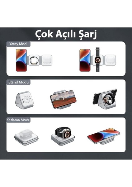 3in1 15W Iphone, Airrpods ve Apple Watch Şarj Istasyonu Manyetik Katlanabilir Magsafeli Manyetik Kablosuz Şarj Aleti