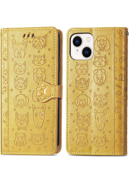 Iphone 14 Için Kılıf Kapak Kapak Kısa Kayış Deri Kılıf Karikatür Hayvanlar (Yurt Dışından)
