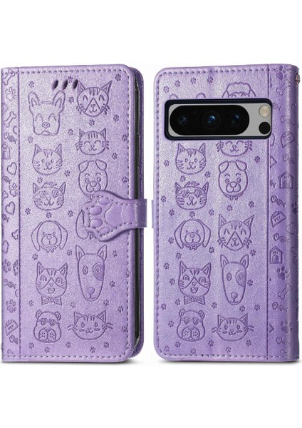 Google Piksel 8 Pro Flip Kapak Karikatür Hayvanlar Için Kılıf Kısa Kayış Vaka (Yurt Dışından)