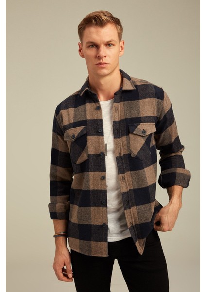 Erkek Slim Fit Uzun Kollu Çift Cepli Ekoseli Oduncu Gömlek