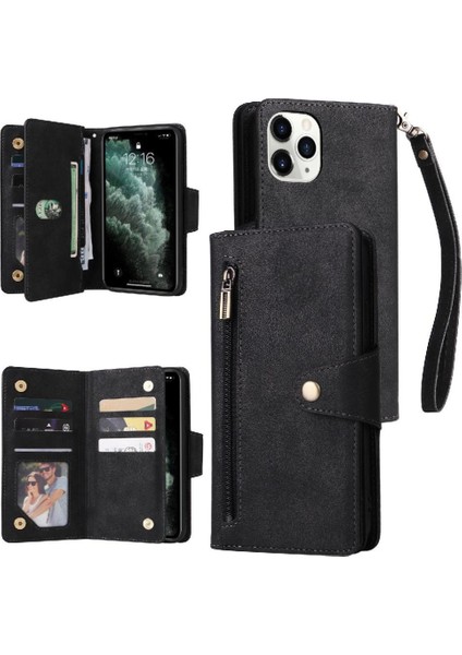 El Kayışı Kart Tutucu Fermuar ile iphone 12 Pro Manyetik Deri Kılıf (Yurt Dışından)
