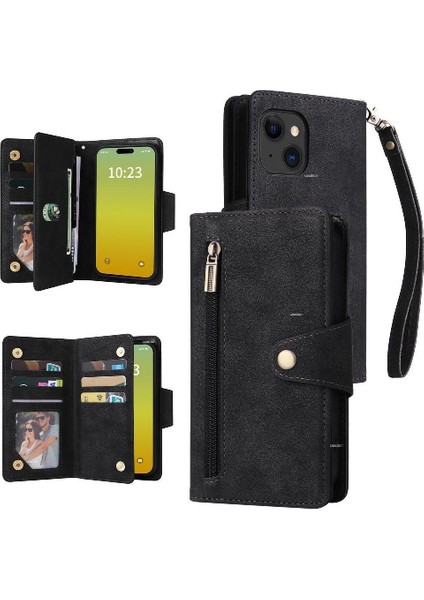 Iphone 15 Için Kılıf Fermuar Cüzdan Kapak Kart Tutucu ile El Kayışı Deri (Yurt Dışından)