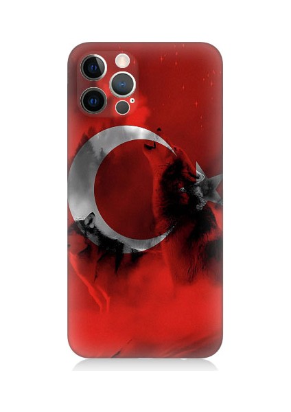 Apple iPhone 12 Pro Uyumlu Türk Bayrağı ve Kurt Desenli Silikon Kılıf