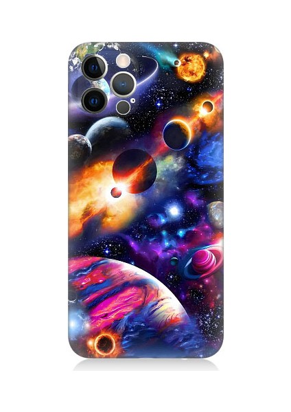 Apple iPhone 12 Pro Uyumlu Uzayda Gezegenler ve Galaksiler Desenli Silikon Kılıf