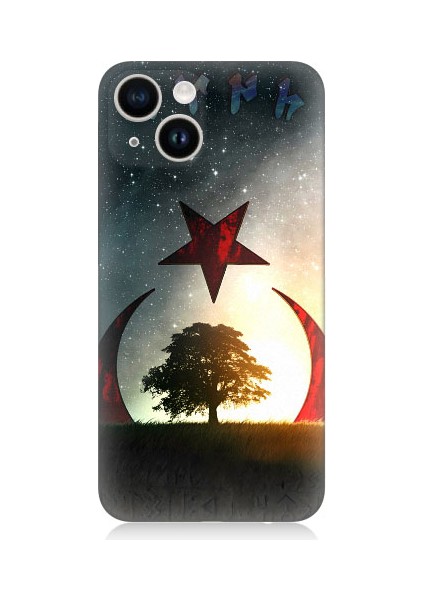 Apple iPhone 13 Mini Uyumlu Göktürkçe Türk ve Ağaç Bayrak Desenli Silikon Kılıf