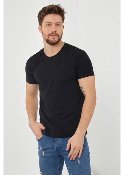 Erkek Düz Slim Fit Likralı T-Shirt