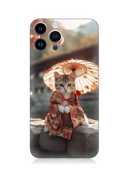 Apple iPhone 14 Pro Uyumlu Geyşa Kıyafetli Kedi Desenli Silikon Kılıf