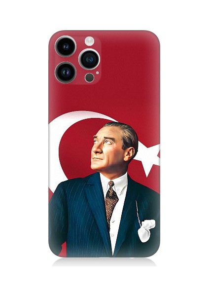Apple iPhone 14 Pro Max Uyumlu Mustafa Kemal Atatürk ve Bayrak Desenli Silikon Kılıf