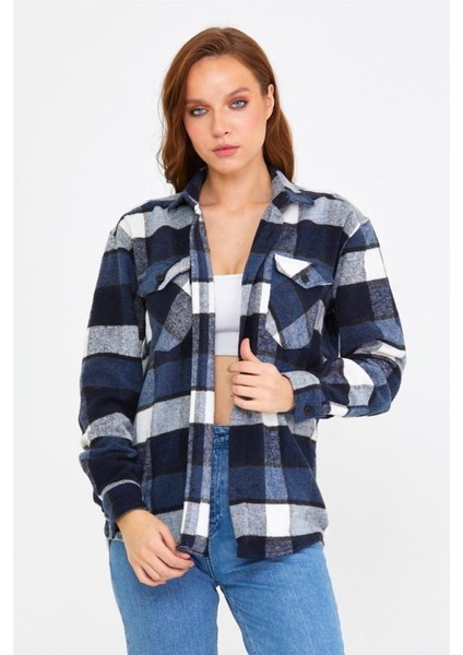 Kadın Fıstık Yeşili Oversize Uzun Kollu Tek Cepli Ekoseli Oduncu GÖMLEK-KKKODG001R500S