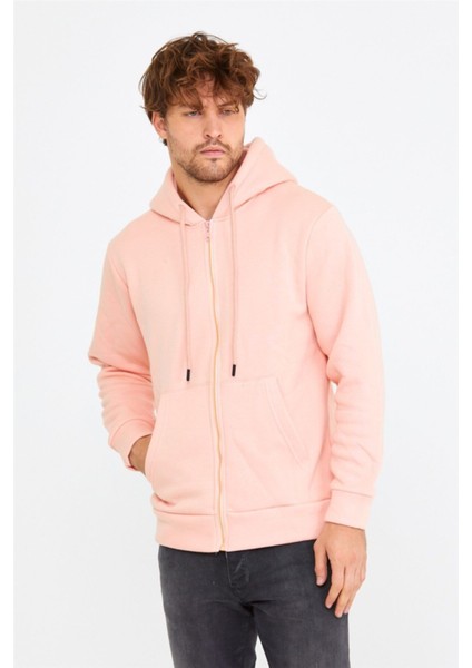 Pembe Erkek Fermuarlı Kapüşonlu Sweat