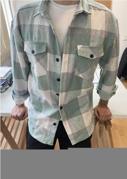 Kırık Beyaz Erkek Slim Fit Düğmeli Yaka Çift Cepli Düz Oduncu Gömlek modelleri