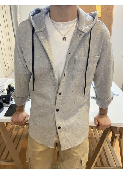 Erkek Tek Cep Kapaklı Slim Fit Kapüşonlu Oduncu Gömlek