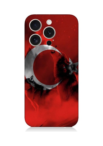 Apple iPhone 15 Pro Max Uyumlu Türk Bayrağı ve Kurt Desenli Silikon Kılıf