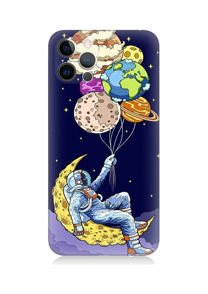 Apple iPhone 12 Pro Uyumlu Astronot ve Gezegenler Desenli Silikon Kılıf