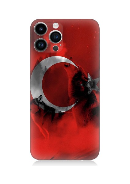 Apple iPhone 14 Pro Uyumlu Türk Bayrağı ve Kurt Desenli Silikon Kılıf