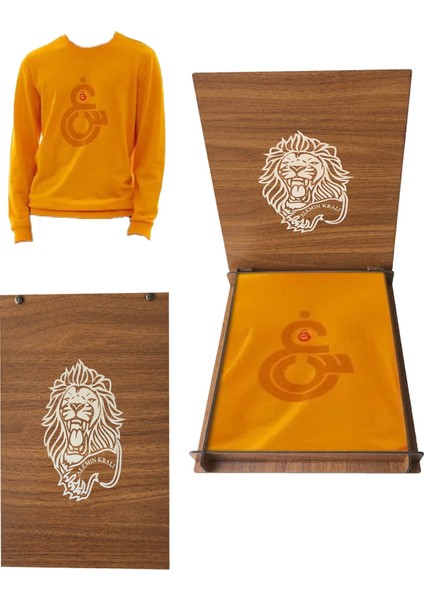 Lisanslı Sarı Unisex Sweatshirt Hediye Aslan Ahşap Kutulu