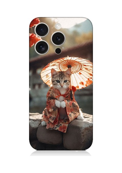 Apple iPhone 15 Pro Max Uyumlu Geyşa Kıyafetli Kedi Desenli Silikon Kılıf