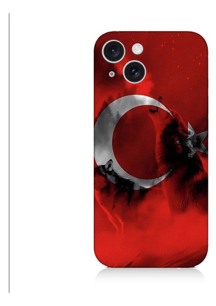 Apple iPhone 15 Plus Uyumlu Türk Bayrağı ve Kurt Desenli Silikon Kılıf