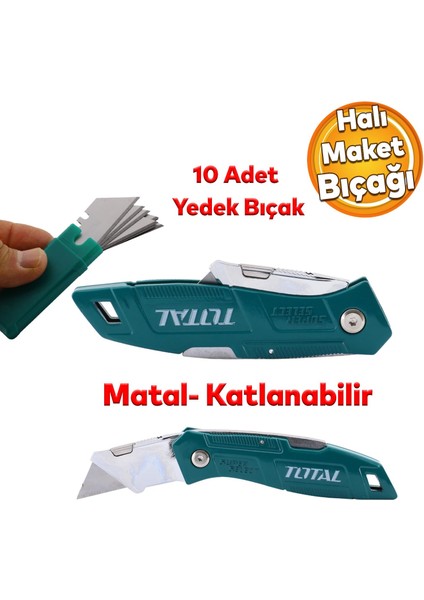 Halı Kesme Maket Bıçağı Falçata Çok Amaçlı Katlanabilir 10 Adet Yedek Bıçaklar Alçıpan Kesim