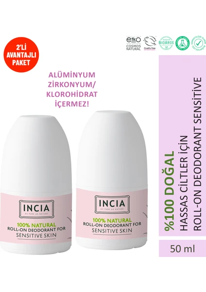 %100 Doğal Roll On Deodorant Hassas Ciltler İçin Lekesiz 50 ml X2 Adet