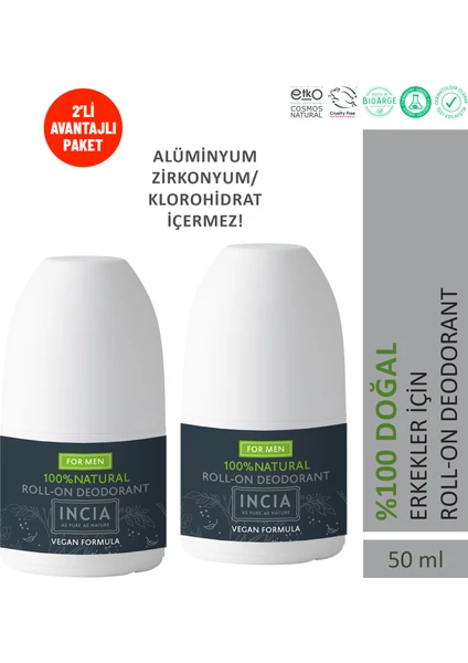 %100 Doğal Roll On Deodorant Erkekler İçin Lekesiz 50 ml X2 Adet