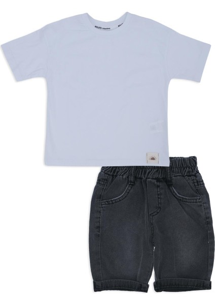 Erkek Çocuk T-Shirt Kısa Kol Kot Şortlu Cepli 2'li Alt Üst Takım