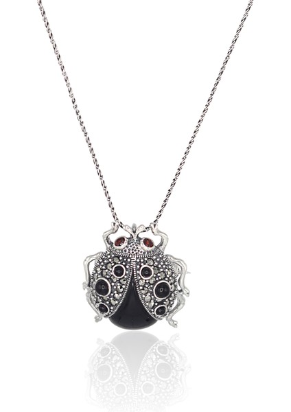 Oniks ve Markazit Taşlı Gümüş Bayan Kolye ve Broş 201022881