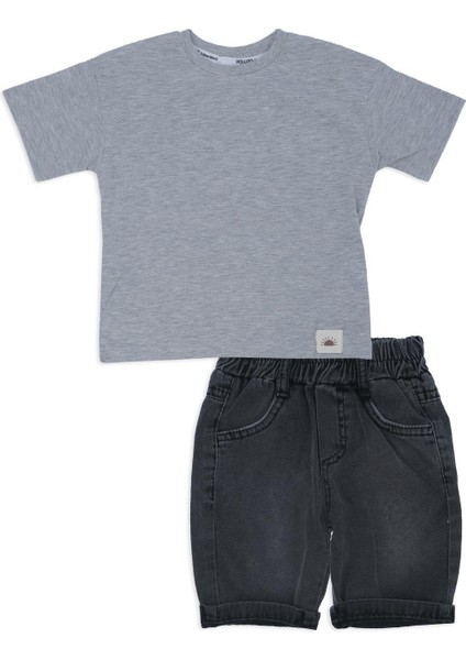Erkek Çocuk T-Shirt Kısa Kol Kot Şortlu Cepli 2'li Alt Üst Takım