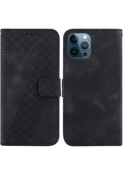 Iphone 12 Için Telefon Kılıfı Pro Max Kart Yuvası Fonksiyonu Kabartmalı Desen Flip (Yurt Dışından)
