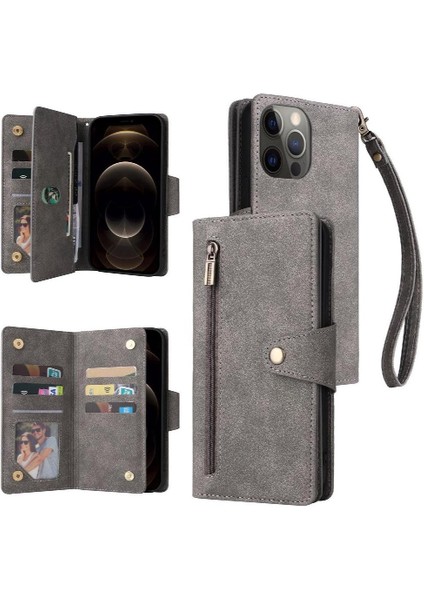 El Kayışı Fermuar Cüzdan Kapak Manyetik ile iphone 12 Pro Max Için Kılıf (Yurt Dışından)