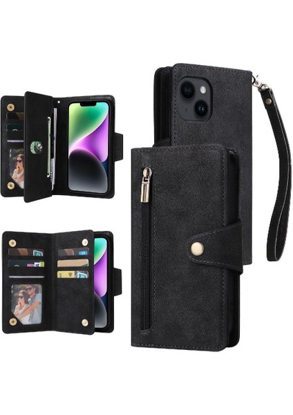 El Kayışı Fermuar Cüzdan Kapak Kart Tutucu Deri ile iphone 14 Için Kılıf (Yurt Dışından)
