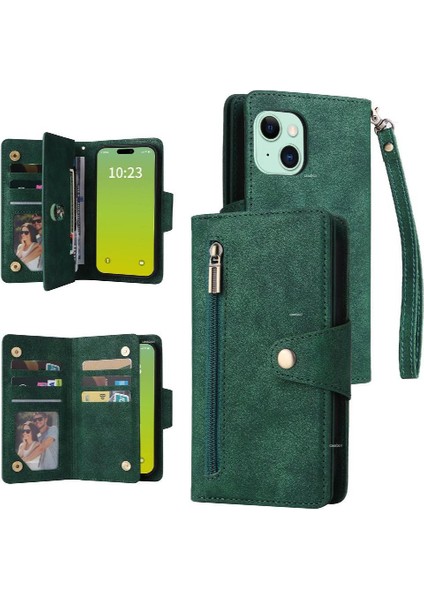 El Kayışı Manyetik Kart ile iphone 15 Artı Fermuar Cüzdan Kapak (Yurt Dışından)