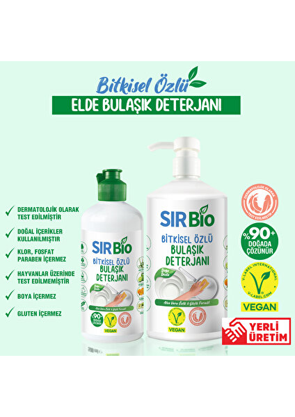 Sır Bio Bitkisel Özlü Elde Bulaşık Deterjanı 1000 ml Pompalı Şişe + 500 ml