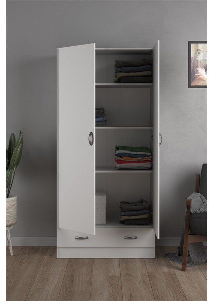 Aysu Giyinme Dolabı - Çok Amaçlı Dolap - Gardırop 80 Cm-2 Kapaklı-1 Çekmeceli