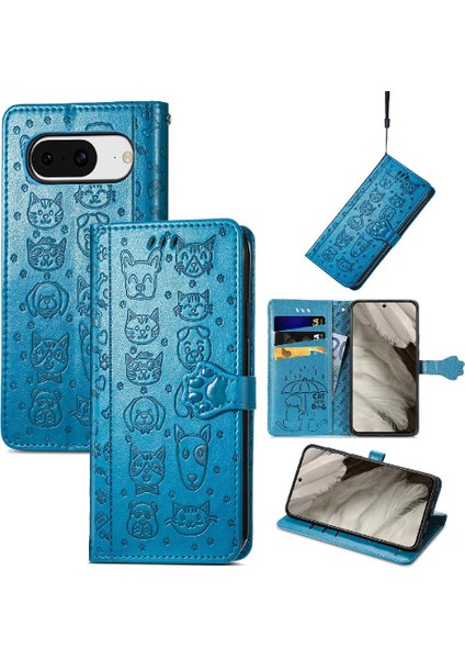 Google Piksel 8 Için Kılıf Kısa Kayış Deri Kılıf Karikatür Hayvanlar Flip (Yurt Dışından) modelleri