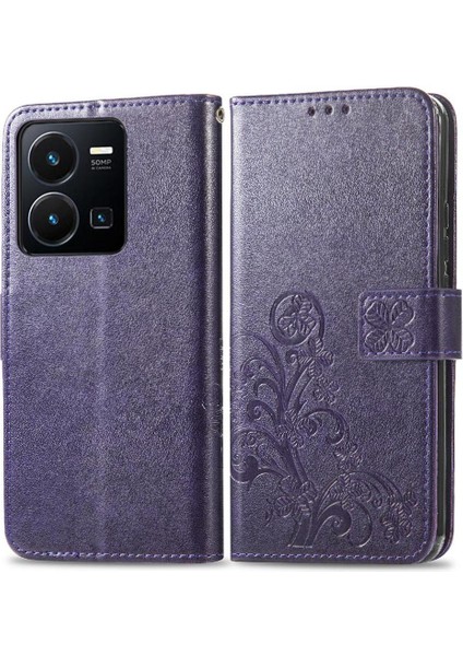 Vivo Y35 Dört Yapraklı Yonca Için Kılıf Kısa Kayış Deri Kılıf Kapak Çevirin (Yurt Dışından)
