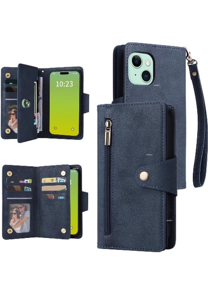 El Kayışı Manyetik Kart ile iphone 15 Artı Fermuar Cüzdan Kapak (Yurt Dışından)