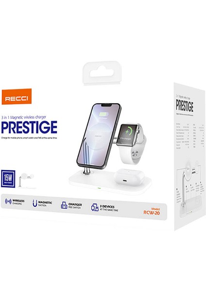 Magnetik Kablosuz Şarj Standı Recci Rcw-20 Prestige Serisi 3in1 Magsafe 15W Hızlı Şarj Özellik Beyaz