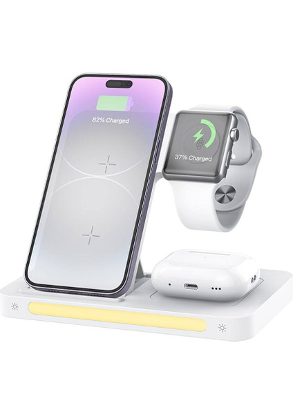 Magnetik Kablosuz Şarj Standı Recci Rcw-31 4in1 Magsafe 15W Hızlı Şarj Özellikli LED Işıklı Beyaz modelleri