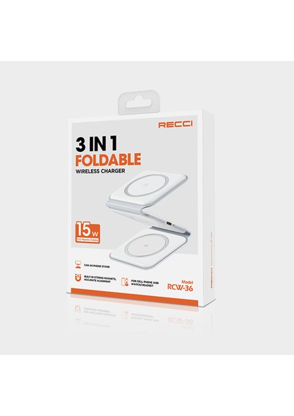 Magnetik Kablosuz Şarj Standı Recci Rcw-36 3in1 Katlanabilir Beyaz indirimleri
