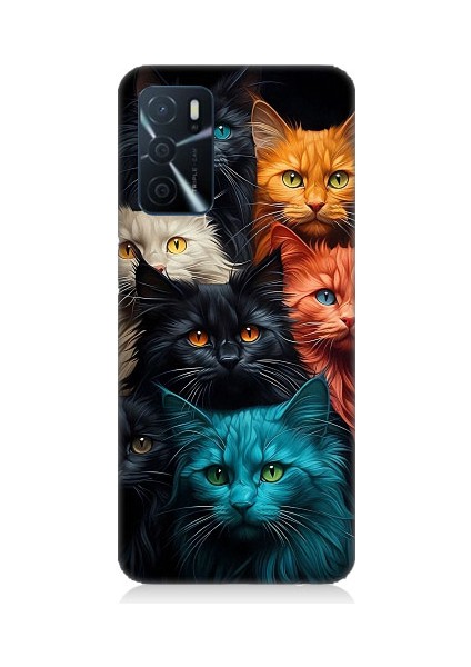 Oppo A16 Uyumlu Renkli Sevimli Kedi Yüzleri Desenli Silikon Kılıf