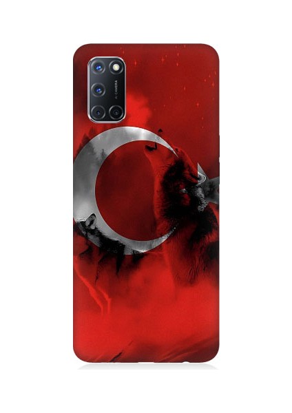 Oppo A72 Uyumlu Türk Bayrağı ve Kurt Desenli Silikon Kılıf