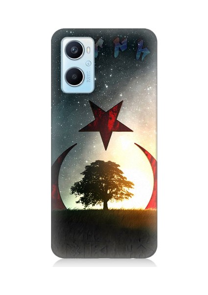 Oppo A96 Uyumlu Göktürkçe Türk ve Ağaç Bayrak Desenli Silikon Kılıf