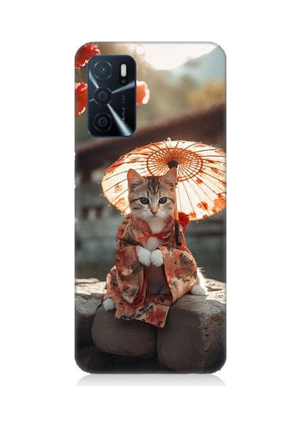 Oppo A16 Uyumlu Geyşa Kıyafetli Kedi Desenli Silikon Kılıf