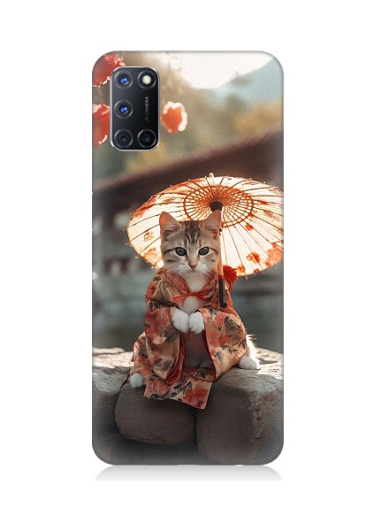 Oppo A92 Uyumlu Geyşa Kıyafetli Kedi Desenli Silikon Kılıf