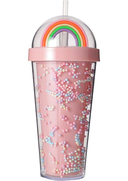 Gökkuşağı Figürlü Boncuklu Pipetli Plastik Su Şişesi 420 ml