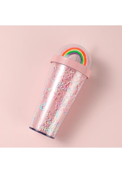 Gökkuşağı Figürlü Boncuklu Pipetli Plastik Su Şişesi 420 ml modelleri