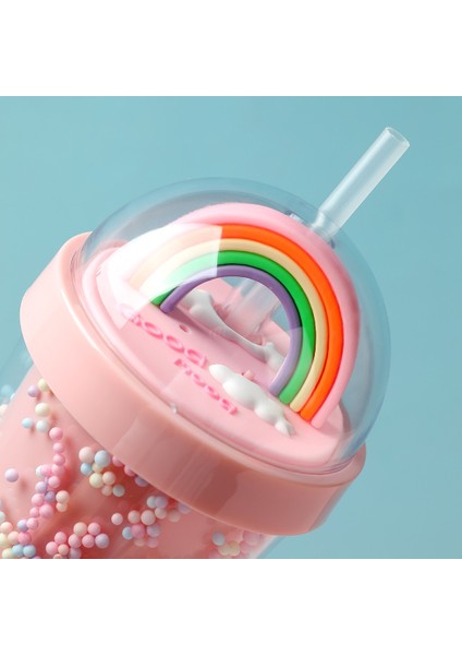 Gökkuşağı Figürlü Boncuklu Pipetli Plastik Su Şişesi 420 ml fırsatları