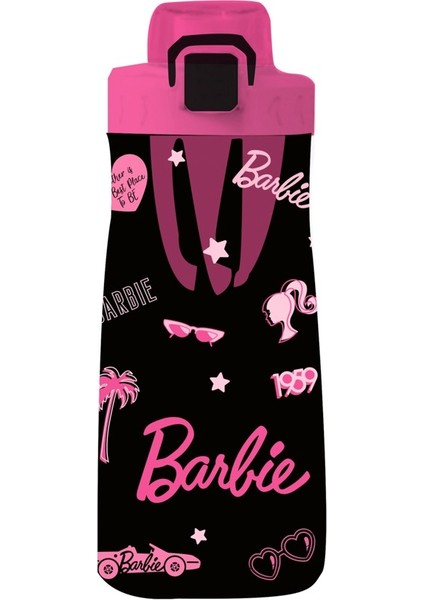 Barbie Lisanslı Baskılı Pipetli Kapaklı Plastik Şişe Siyah